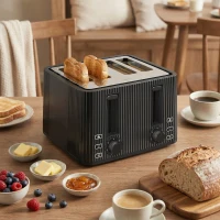 HOMCOM Tostadora 4 Ranuras Anchas 7 Niveles de Tostado Función Descongelar Recalentar y Cancelar Bandeja Extraíble Negro(m-2)