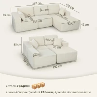 HOMCOM Canapé d'angle modulable 2 en 1, 267cm, canapé-lit 3 places en velours côtelé, larges assise et accoudoirs, crème(m-3)