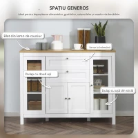 HOMCOM Comodă de Bucătărie cu Sertare, Dulapuri și Uși din Sticlă Alb și Stejar(m-4)