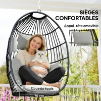 Outsunny Fauteuil suspendu, fauteuil œuf suspendu, panier pliable, coussins rembourrés, porte-gobelet, oreiller, gris foncé(m-6)