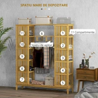 HOMCOM Dulap Deschis din Bambus cu 2 Uși Glisante, Garderobă cu Rafturi și Bară de Haine, 145x35x165 cm, Lemn Natural(m-6)