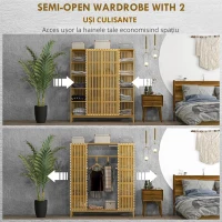 HOMCOM Dulap Deschis din Bambus cu 2 Uși Glisante, Garderobă cu Rafturi și Bară de Haine, 145x35x165 cm, Lemn Natural(m-5)