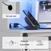 HOMCOM Credenza Cucina con Prese Elettriche, Luce LED, Portabottiglie e Ante Scorrevoli, 100x38x180 cm, Bianco(m-5)