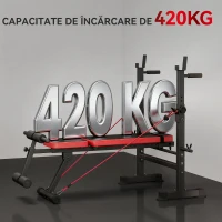 SPORTNOW Bancă Multifuncțională de Fitness cu Suport pentru Greutăți și Reglaje Ajustabile, Bancă de Greutăți cu Stație de Imersiuni, Extensie pentru Picioare, Abdomene, 2 Benzi, Capacitate 420kg, Antrenament acasă(m-5)
