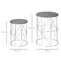 Outsunny 2er-Set Beistelltisch Stapelbar Gartentisch in Marmor Optik Balkontisch aus Metall, runder Kaffeetisch 50kg belastbar, Ø38x52,5 cm Sofatisch für Outdoor Indoor Balkon Rose+Gold+Grau(m-3)
