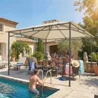 Outsunny Pérgola 3x3m Impermeável Estável Resistente ao Inverno Pavilhão de Jardim com Estrutura Superior Retrátil Telhado Duplo Creme Branco(m-5)