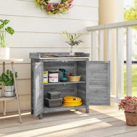 Outsunny Pflanztisch mit Unterschrank aus Holz Outdoor Gartenschrank mit verzinkter Arbeitsplatte 2 Regalböden Grau(m-9)