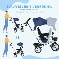 HOMCOM Tricicletă pentru Copii cu Mâner Multifuncțional, Cărucior pentru Copii cu Centură de Siguranță și Coș, 112x50x104 cm, Albastru(m-6)