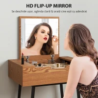 HOMCOM Masă de Machiaj cu Oglindă Pliabilă și 16 Compartimente Lemn și Oțel(m-4)