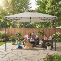 Outsunny Pérgola 3x3m Impermeável Estável Resistente ao Inverno Pavilhão de Jardim com Estrutura Superior Retrátil Telhado Duplo Creme Branco(m-4)