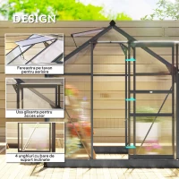 Outsunny Seră de Grădină, Seră din Policarbonat și Aluminiu cu Ușă Culisantă, Ventilație pe Acoperiș și Jgheab, 190x192x201 cm, Gri(m-4)