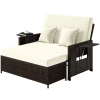 Outsunny Gartensofa mit Liegefunktion, ausfahrbare Fußbank mit Stauraum, Sitzkissen, braun+creme, 130 x 72 x 96 cm(m-10)