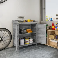Outsunny Pflanztisch mit Unterschrank aus Holz Outdoor Gartenschrank mit verzinkter Arbeitsplatte 2 Regalböden Grau(m-7)