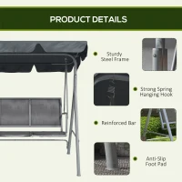 Outsunny Leagăn de grădină 3 locuri cu acoperiș parasolar reglabil și detașabil, șezut respirabil din poliester, capacitate 240 kg, 171x108x154 cm, gri închis(m-6)