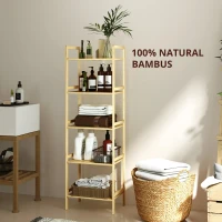 HOMCOM Raft de Depozitare pentru Baie cu 5 Niveluri, 43,5x31,5x142 cm, Lemn Natural(m-7)