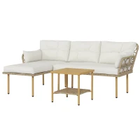 Outsunny Set da Giardino 3pz con Chaise Longue, Divanetto, Cuscini e Tavolino, in Rattan e Acciaio, Bianco Crema e Legno(m-1)