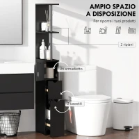 HOMCOM Mobile Colonna Salvaspazio in Legno con Ripiani, Armadietto e Cassetti, Nero, 15x33x136.8cm(m-4)