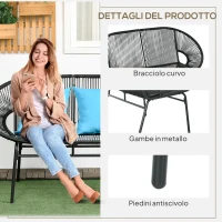 Outsunny Divano da Giardino 2 Posti in Rattan PE e Acciaio con Cuscini e Braccioli, 132x72x83 cm, Nero(m-6)