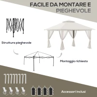 Outsunny Gazebo Pieghevole 4x4 m ad Altezza Regolabile con Zanzariera e Borsa, in Metallo e Tessuto Oxford Crema(m-5)