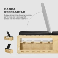 HOMCOM Panca Multifunzione con Schienale Regolabile, Vano Contenitore, Rack per Pesi ed Elastici, Legno(m-5)