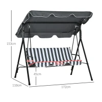 Outsunny Balanço de Jardim Exterior Baloiço de 3 Lugares com Toldo Ajustável e Estrutura de Aço 172x110x153 cm Cinzento e Branco(m-3)