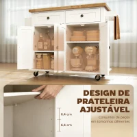 HOMCOM Ilha de Cozinha com Rodas 2 Gavetas 4 Portas Suporte para Temperos e Barra Lateral 111x44,5x82,5cm Branco e Madeira(m-5)