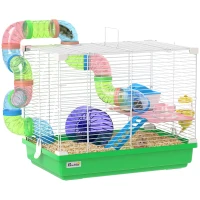 PawHut Cușcă pentru Hamster cu Tunel Bol Sticlă de Apă Căsuță Rampă Roată de Exerciții Tavă Detașabilă 46x30x37 cm Verde(m-7)