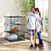 PawHut Indoor Cat Cage DIY Customizable 3-Tier Indoor Cat Enclosure with 3 Doors and Hammock 105 cm Black(m-2)