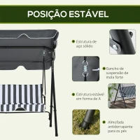 Outsunny Balanço de Jardim Exterior Baloiço de 3 Lugares com Toldo Ajustável e Estrutura de Aço 172x110x153 cm Cinzento e Branco(m-5)