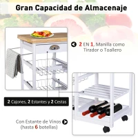 HOMCOM Carrito Auxiliar con Ruedas Carrito Verdulero Carro de Cocina con 2 Cajones 2 Cestas y 2 Estantes 74x37x76 cm Blanco(m-4)