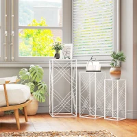 Outsunny Set de 3 suporturi pentru plante, 50/60/70 cm înălțime, suport pentru flori stivabil, etajer metalic, Alb(m-4)