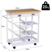 HOMCOM Carrito Auxiliar con Ruedas Carrito Verdulero Carro de Cocina con 2 Cajones 2 Cestas y 2 Estantes 74x37x76 cm Blanco(m-3)