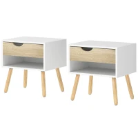 HOMCOM Set de 2 Mesitas de Noche Mesa Auxiliar Mesillas de Noche con Cajón y Estante de Almacenamiento para Dormitorio Salón Cama Oficina Estilo Moderno 50x39x51 cm Blanco y Roble(m-11)