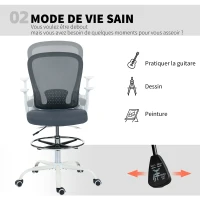 HOMCOM Chaise bureau ergonomique avec repose-pieds ajustable et accoudoirs relevables, hauteur réglable, 59x62x99-119cm, gris(m-5)