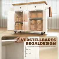 HOMCOM Küchenschrank, Servierwagen, Kücheninsel mit Rollen, Küchenwagen, Küchenregal mit Schublade und verstellbares Regal, Gummiholz, MDF, Spanplatte, Weiß, 111 x 44,5 x 82,5 cm(m-5)