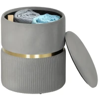 HOMCOM Pouf de rangement rond, pouf recouvert de velours avec couvercle amovible, assise rembourrée et rangement dissimulé, Gris clair(m-6)