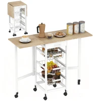 HOMCOM Carrito Auxiliar Plegable Carrito de Cocina con 6 Ruedas 1 Cajón y 3 Cesta de Metal 97,2x37x77,5 cm Blanco y Roble(m-10)