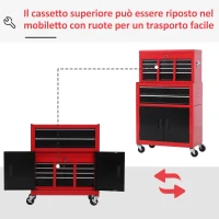 HOMCOM Carrello Porta Attrezzi 2 in 1 con Cassetta Superiore e Armadietto Inferiore, in Metallo, 61.6x33x108 cm, Rosso(m-6)