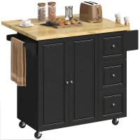 HOMCOM Kitchen Island on Wheels, Rolling Kitchen Storage Trolley with Drop Leaf, Drawers, Towel and Spice Rack, Black(m-10)