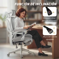 HOMCOM Silla de Escritorio de Malla Reclinable con Reposacabezas Soporte Lumbar Reposapiés y Altura Regulable Gris Claro(m-9)