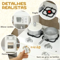 AIYAPLAY Cozinha de Brincar em Madeira com Som Acessórios Lava-Loiças Micro-Ondas e Fogão 55x24x86 cm Branco(m-4)
