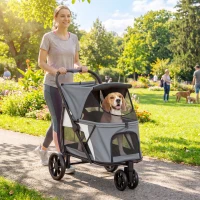 PawHut Hundewagen Faltbar Hundebuggy mit waschbarem Kissen, Netzfenstern, 3 Räder, für mittelgroße Hunde bis 20 kg, Grau(m-2)