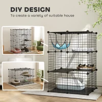 PawHut Indoor Cat Cage DIY Customizable 3-Tier Indoor Cat Enclosure with 3 Doors and Hammock 105 cm Black(m-4)