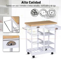 HOMCOM Carrito Auxiliar con Ruedas Carrito Verdulero Carro de Cocina con 2 Cajones 2 Cestas y 2 Estantes 74x37x76 cm Blanco(m-5)