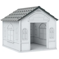 PawHut Casa para Cães 65x75,7x63 cm Casa para Cães com Janelas e Teto com Telhas de Imitação para Cães Médios Cinza e Branco(m-1)