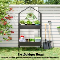 Outsunny 2-Etagen Pflanzenständer in Hausform, 150 cm hoch Blumenständer mit Haken, Metall Schwarz(m-5)