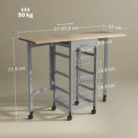 HOMCOM Carrito Auxiliar Plegable Carrito de Cocina con 6 Ruedas 1 Cajón y 3 Cesta de Metal 97,2x37x77,5 cm Gris y Roble(m-3)
