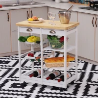HOMCOM Chariot de service desserte de cuisine à roulettes multi-rangements 74L x 37l x 76H cm plateau bois massif pin châssis MDF blanc(m-10)