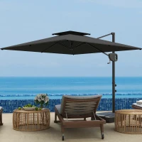 Outsunny Parasol déporté carré 2,5 x 2,5 m, parasol de jardin extérieur avec manivelle, 2 bases incluses, 8 baleines, gris foncé(m-10)