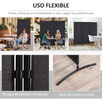 HOMCOM Biombo Separador de Ambientes de 3 Paneles 253x50x182 cm Divisor de Habitación Plegable con 6 Pies de Metal Negro(m-6)